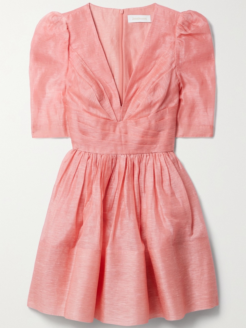 Zimmermann Coral Pink V-Neck Puff-Sleeve Mini Dress